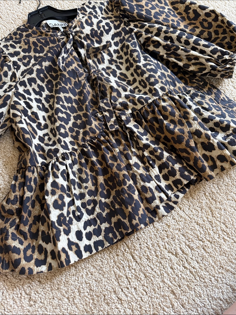 Ganni Leopard Print Puff Sleeve Cotton Peplum Top - Brown/Black Sz 36 (US 4) - Picture 6 of 10